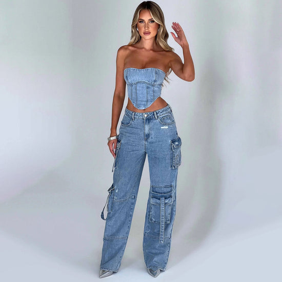 Ensemble Femme Bustier 3D Taille Basse Jean Poches – Tenue Denim 2 Pièces