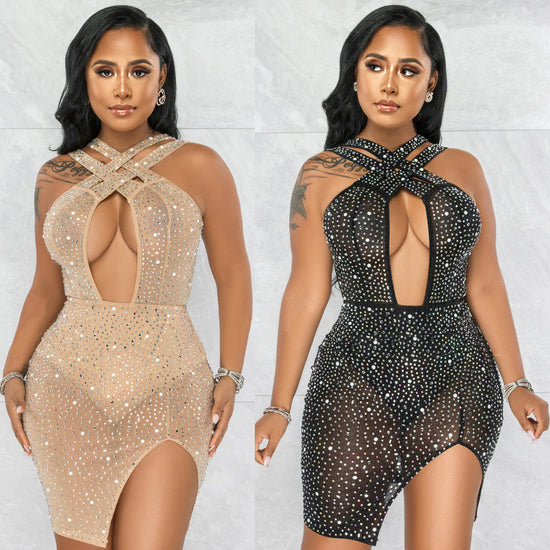 Robe Soirée Mesh Strass – Sexy Nightclub Party Femme