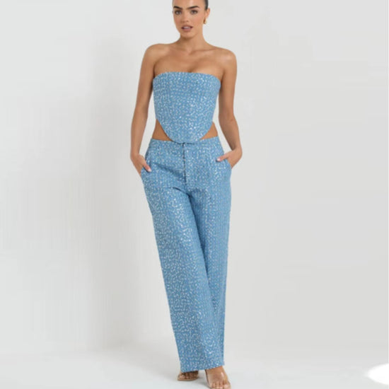 Ensemble Denim Femme Bustier Sequins & Pantalon Large Américain