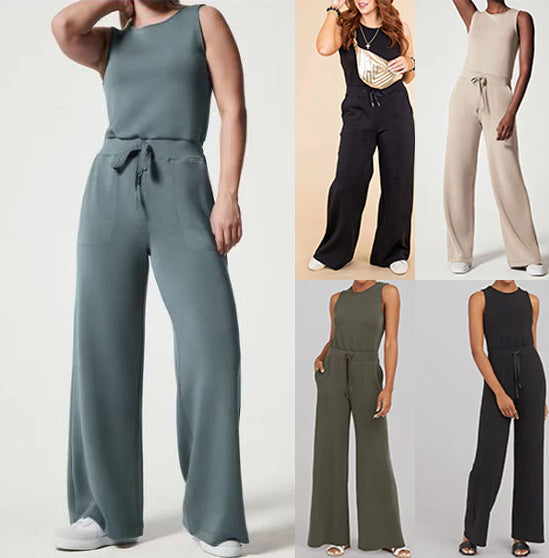 Combinaison Femme Couleur Unie Sans Manches – Jumpsuit Sleeveless Tops Tie Elastic Pants