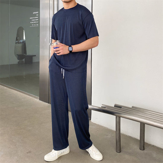 Ensemble Femme Soie Glacée Plissé Manches Courtes – Fashion Été Léger