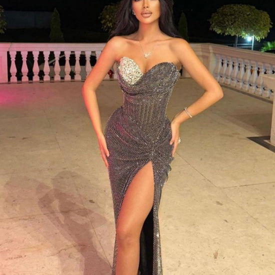 Robe Bustier Sequins Strass Maille Slim – Robe Soirée Glamour Scintillante